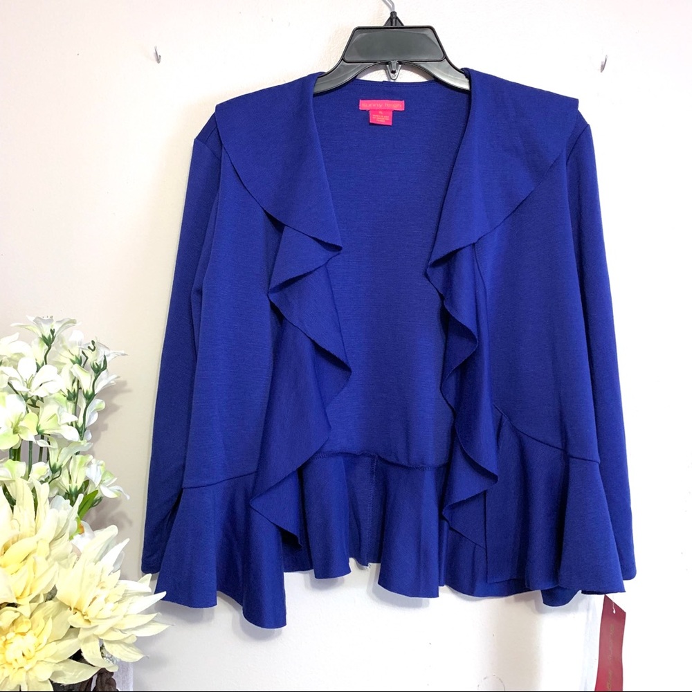 Sunny Leigh Women’s Blue 3/4 Sleeve Ruffled Open Cardigan - NWT